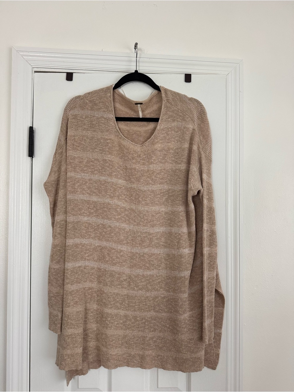 Free People Cozy Taupe Striped V-Neck Women's Sweater